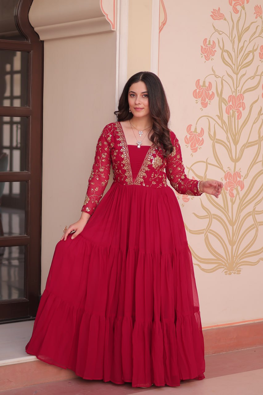 Rani Pink Faux Blooming Fabric Embroidered Gown with 12-Meter Flair & Fancy V-Neck Design