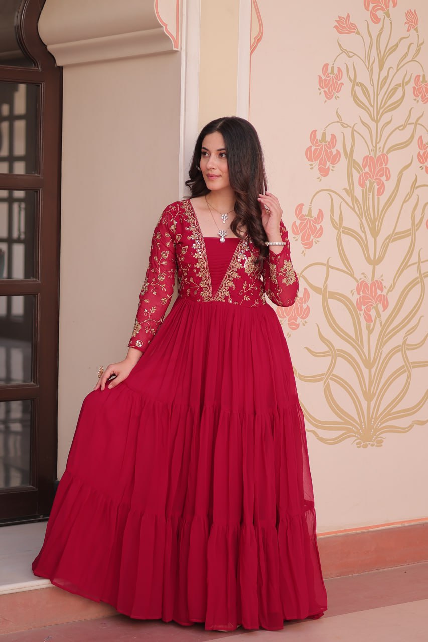 Rani Pink Faux Blooming Fabric Embroidered Gown with 12-Meter Flair & Fancy V-Neck Design