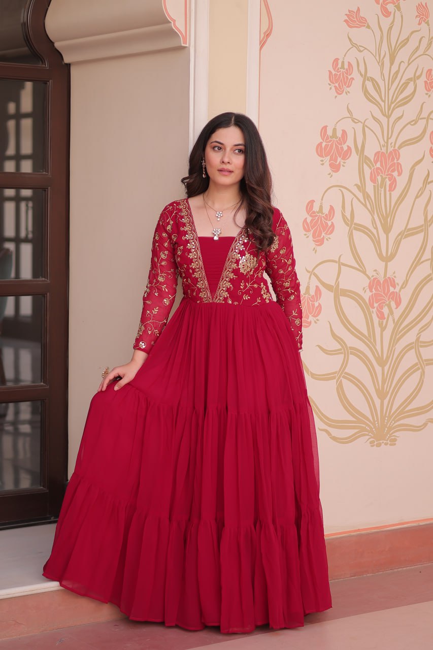 Rani Pink Faux Blooming Fabric Embroidered Gown with 12-Meter Flair & Fancy V-Neck Design