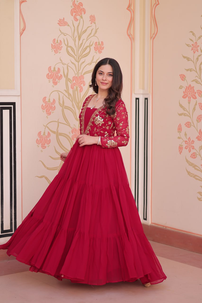 Rani Pink Faux Blooming Fabric Embroidered Gown with 12-Meter Flair & Fancy V-Neck Design