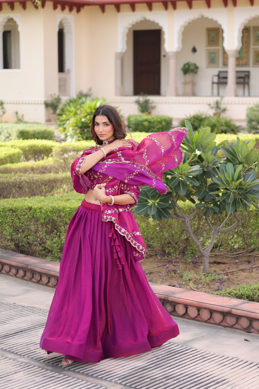 Rani Pink Fendi Silk Bridal Lehenga Set with Sequins Multithread Embroidery & Lace Dupatta – Full-Stitched Designer Wear