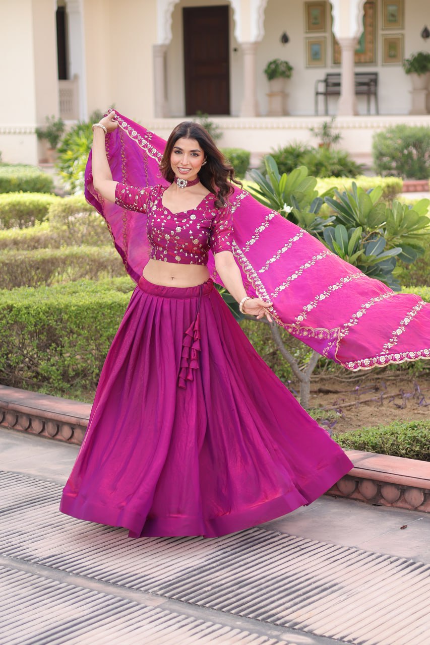Rani Pink Fendi Silk Bridal Lehenga Set with Sequins Multithread Embroidery & Lace Dupatta – Full-Stitched Designer Wear
