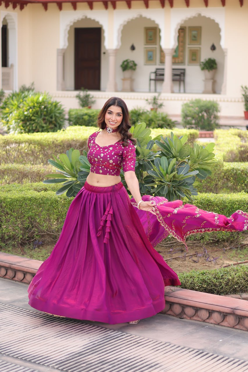 Rani Pink Fendi Silk Bridal Lehenga Set with Sequins Multithread Embroidery & Lace Dupatta – Full-Stitched Designer Wear