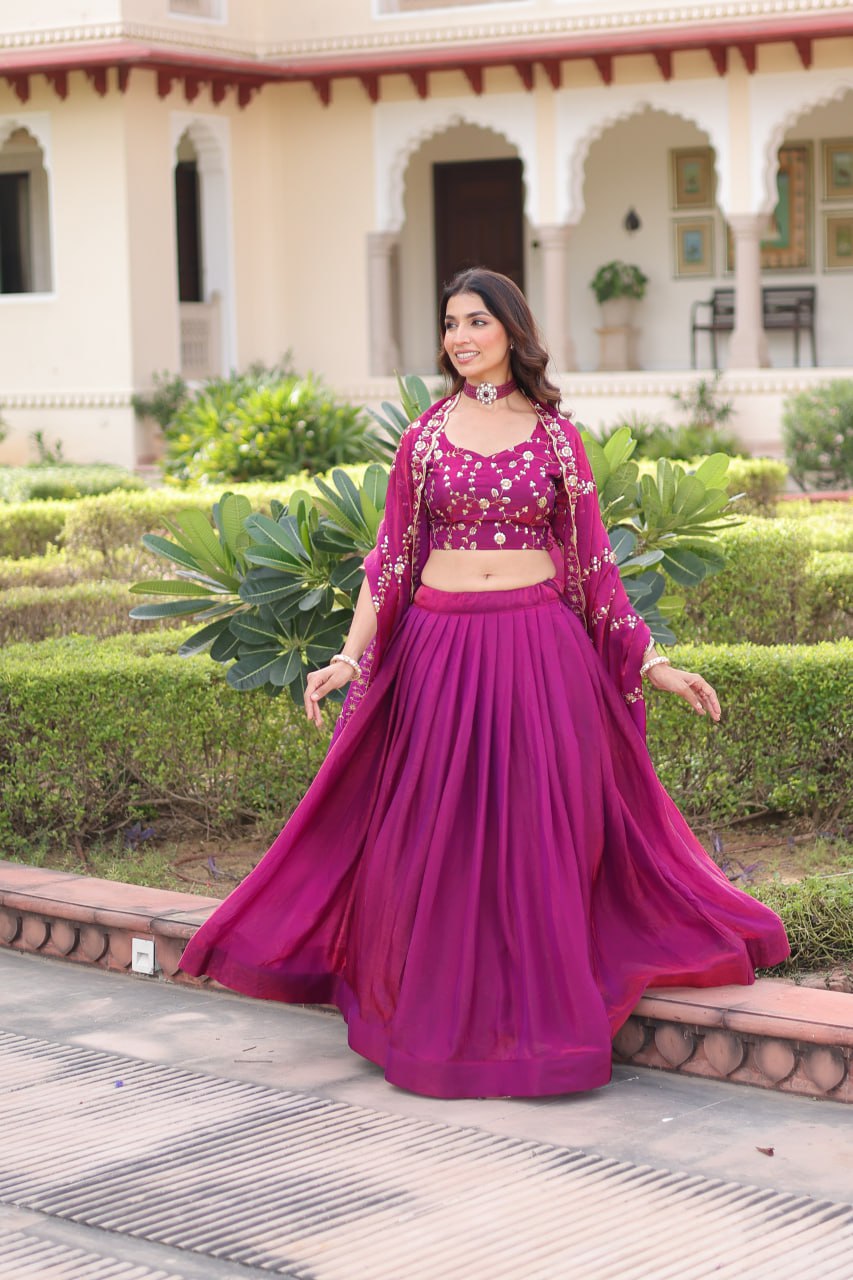 Rani Pink Fendi Silk Bridal Lehenga Set with Sequins Multithread Embroidery & Lace Dupatta – Full-Stitched Designer Wear