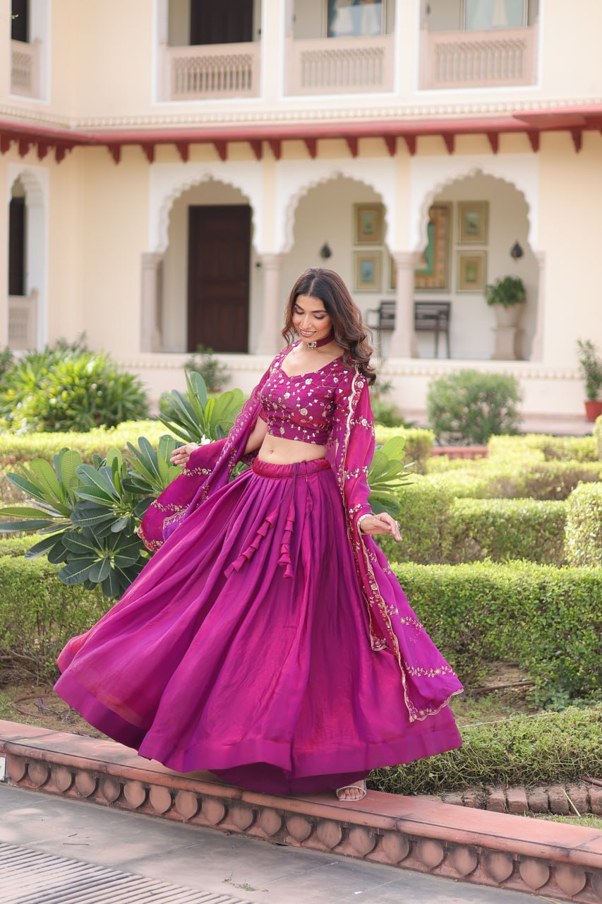 Rani Pink Fendi Silk Bridal Lehenga Set with Sequins Multithread Embroidery & Lace Dupatta – Full-Stitched Designer Wear