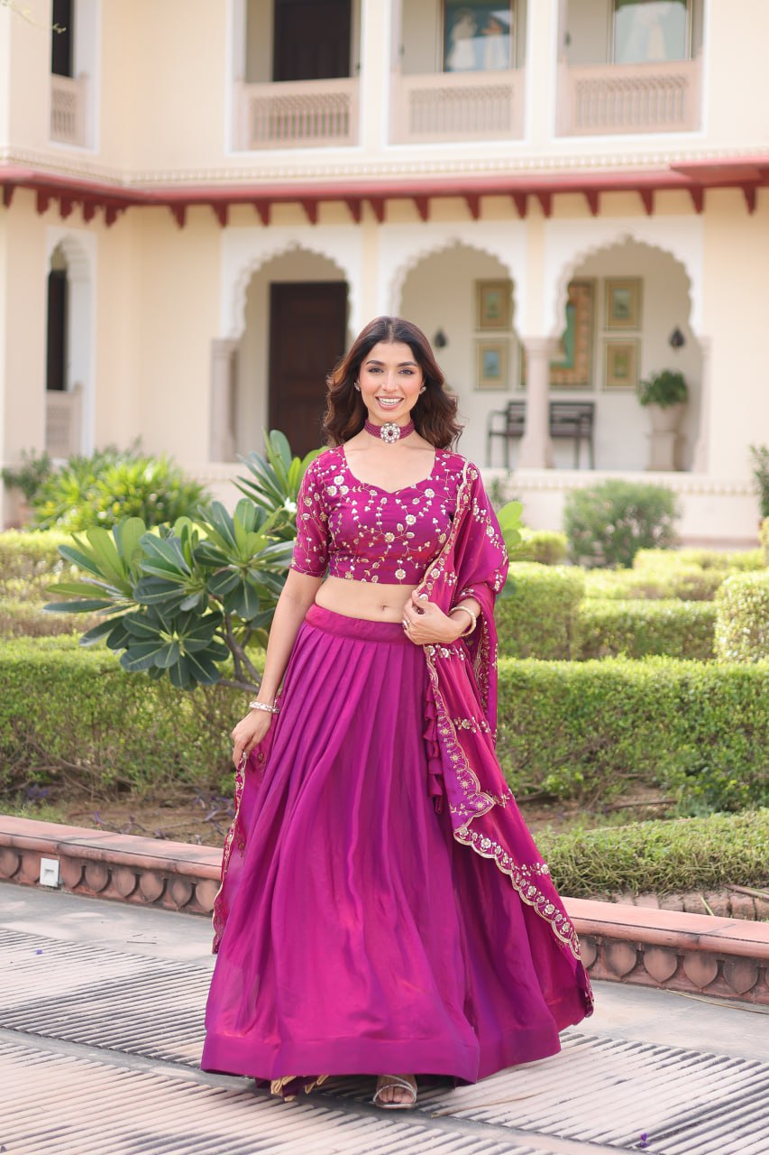 Rani Pink Fendi Silk Bridal Lehenga Set with Sequins Multithread Embroidery & Lace Dupatta – Full-Stitched Designer Wear