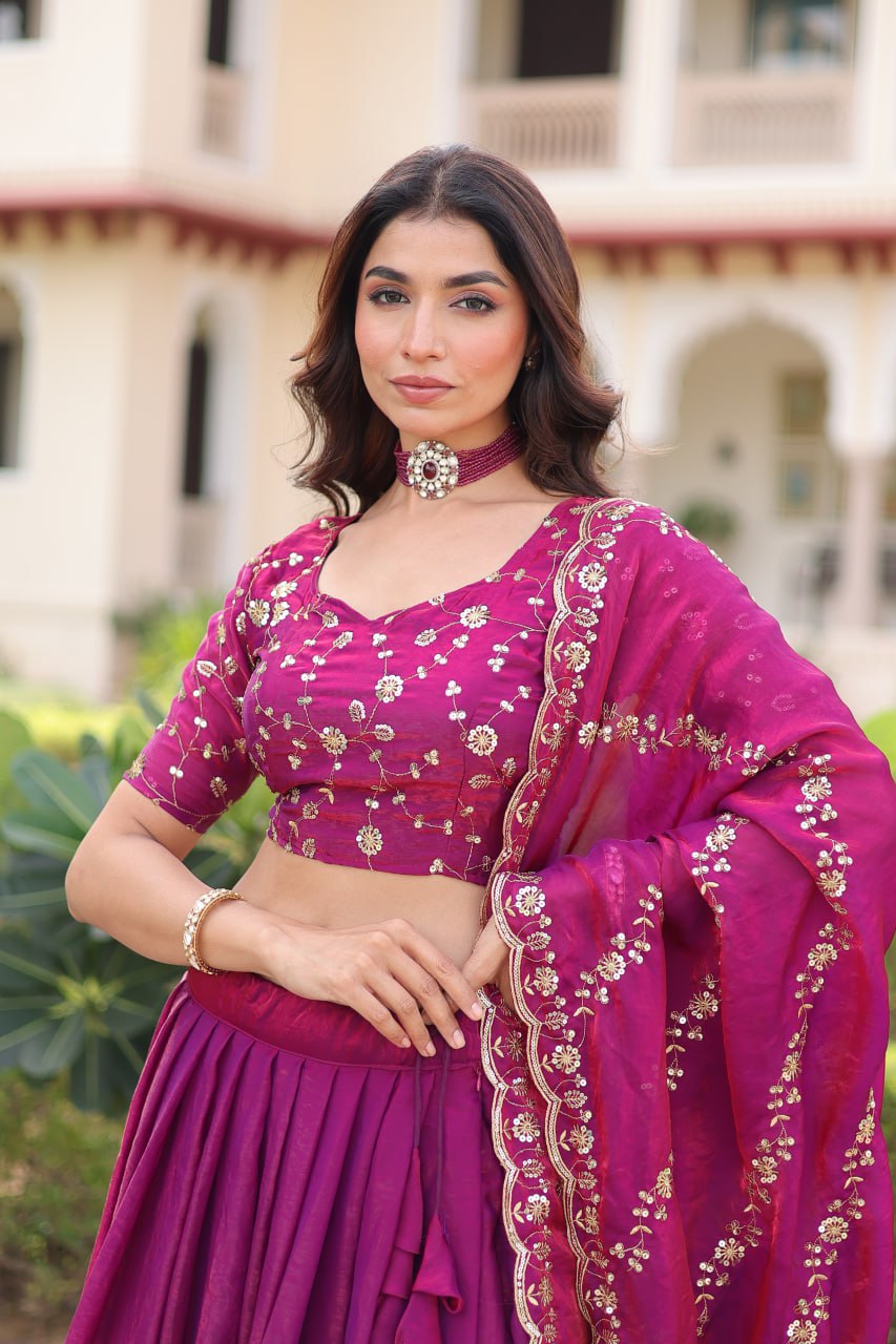 Rani Pink Fendi Silk Bridal Lehenga Set with Sequins Multithread Embroidery & Lace Dupatta – Full-Stitched Designer Wear