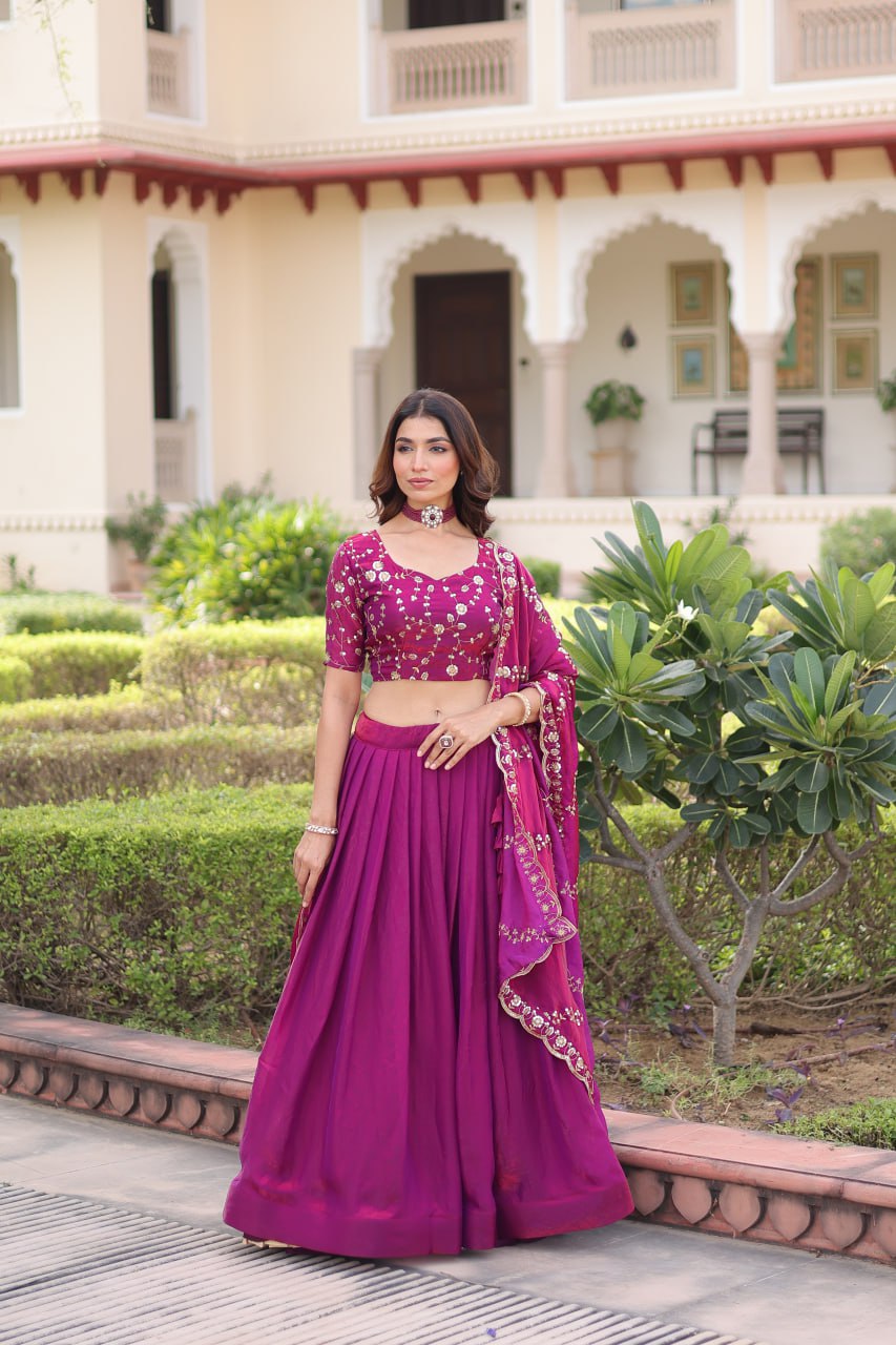Rani Pink Fendi Silk Bridal Lehenga Set with Sequins Multithread Embroidery & Lace Dupatta – Full-Stitched Designer Wear