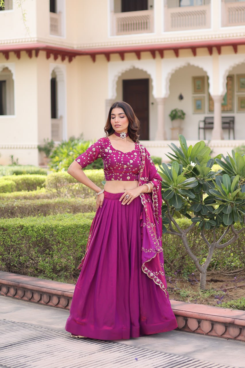 Rani Pink Fendi Silk Bridal Lehenga Set with Sequins Multithread Embroidery & Lace Dupatta – Full-Stitched Designer Wear