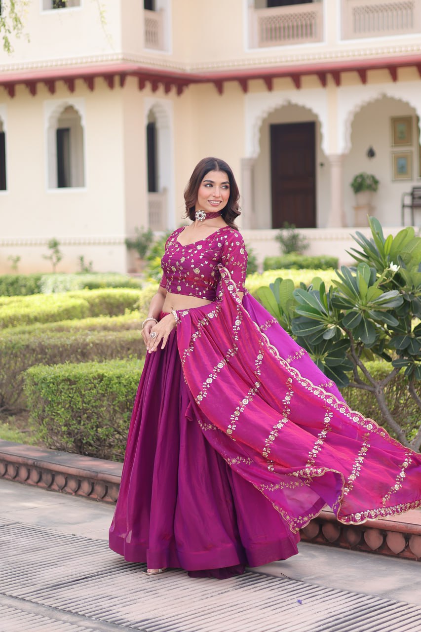 Rani Pink Fendi Silk Bridal Lehenga Set with Sequins Multithread Embroidery & Lace Dupatta – Full-Stitched Designer Wear