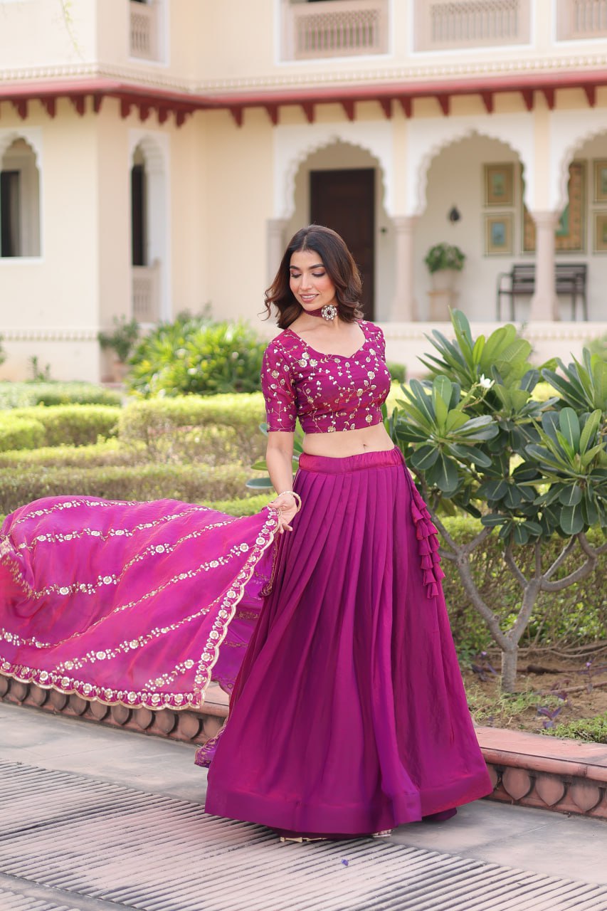 Rani Pink Fendi Silk Bridal Lehenga Set with Sequins Multithread Embroidery & Lace Dupatta – Full-Stitched Designer Wear