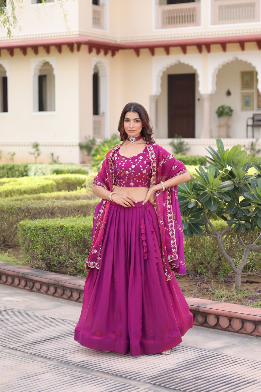 Rani Pink Fendi Silk Bridal Lehenga Set with Sequins Multithread Embroidery & Lace Dupatta – Full-Stitched Designer Wear