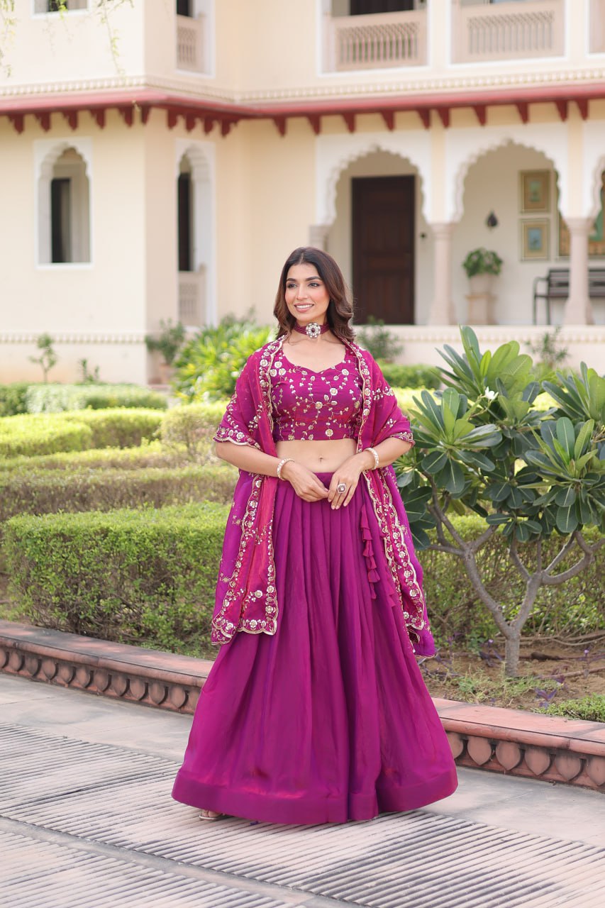 Rani Pink Fendi Silk Bridal Lehenga Set with Sequins Multithread Embroidery & Lace Dupatta – Full-Stitched Designer Wear