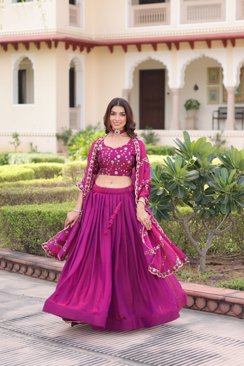 Rani Pink Fendi Silk Bridal Lehenga Set with Sequins Multithread Embroidery & Lace Dupatta – Full-Stitched Designer Wear
