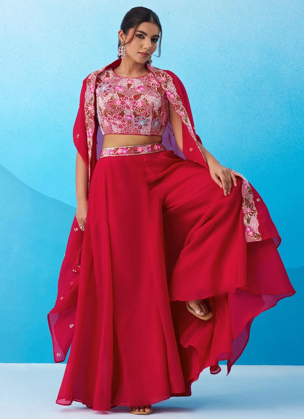 Rani pink crepe indo western set with embroidered flared cape palazzo