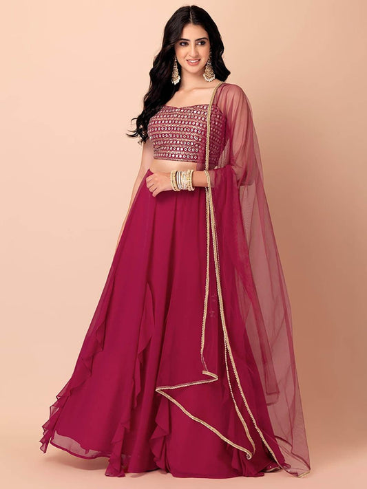 Rani Pink Georgette Mirror Work Flared Lehenga Choli