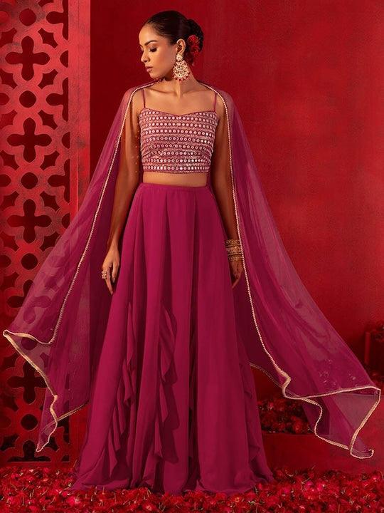 Rani Pink Georgette Mirror Work Flared Lehenga Choli