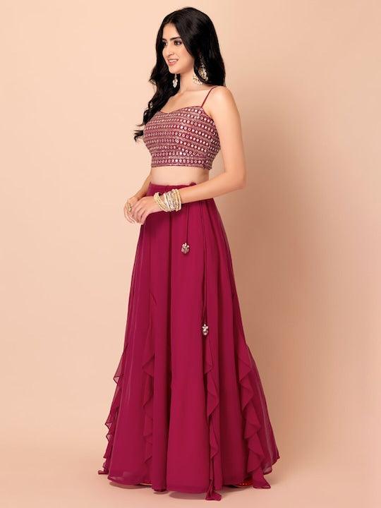 Rani Pink Georgette Mirror Work Flared Lehenga Choli