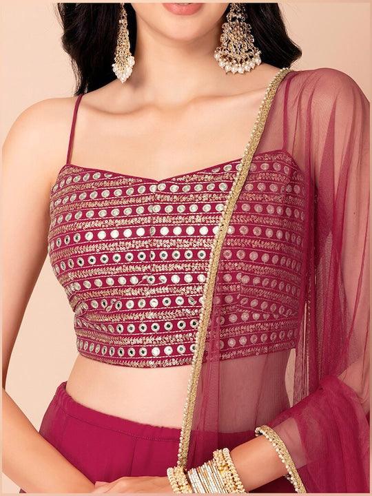 Rani Pink Georgette Mirror Work Flared Lehenga Choli