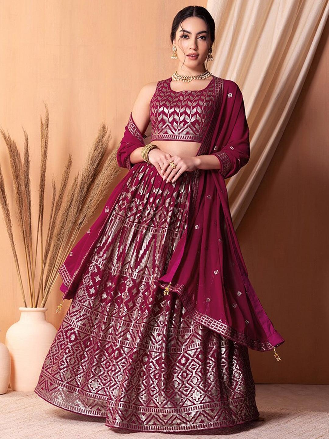 Rani pink Georgette Sequinned Flared Lehenga Choli