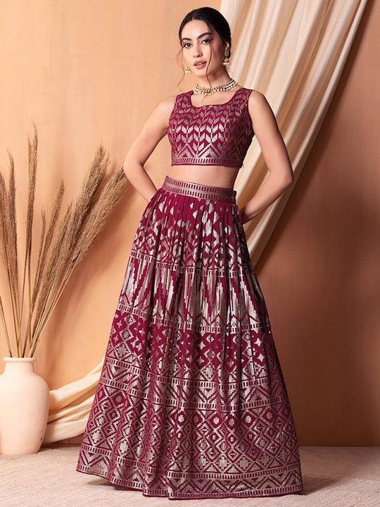 Rani pink Georgette Sequinned Flared Lehenga Choli