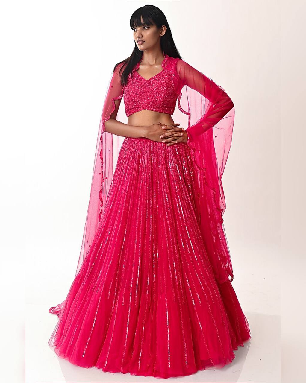 Rani Pink Graceful Double-Layer Net Lehenga Set – Perfect for Wedding Glam