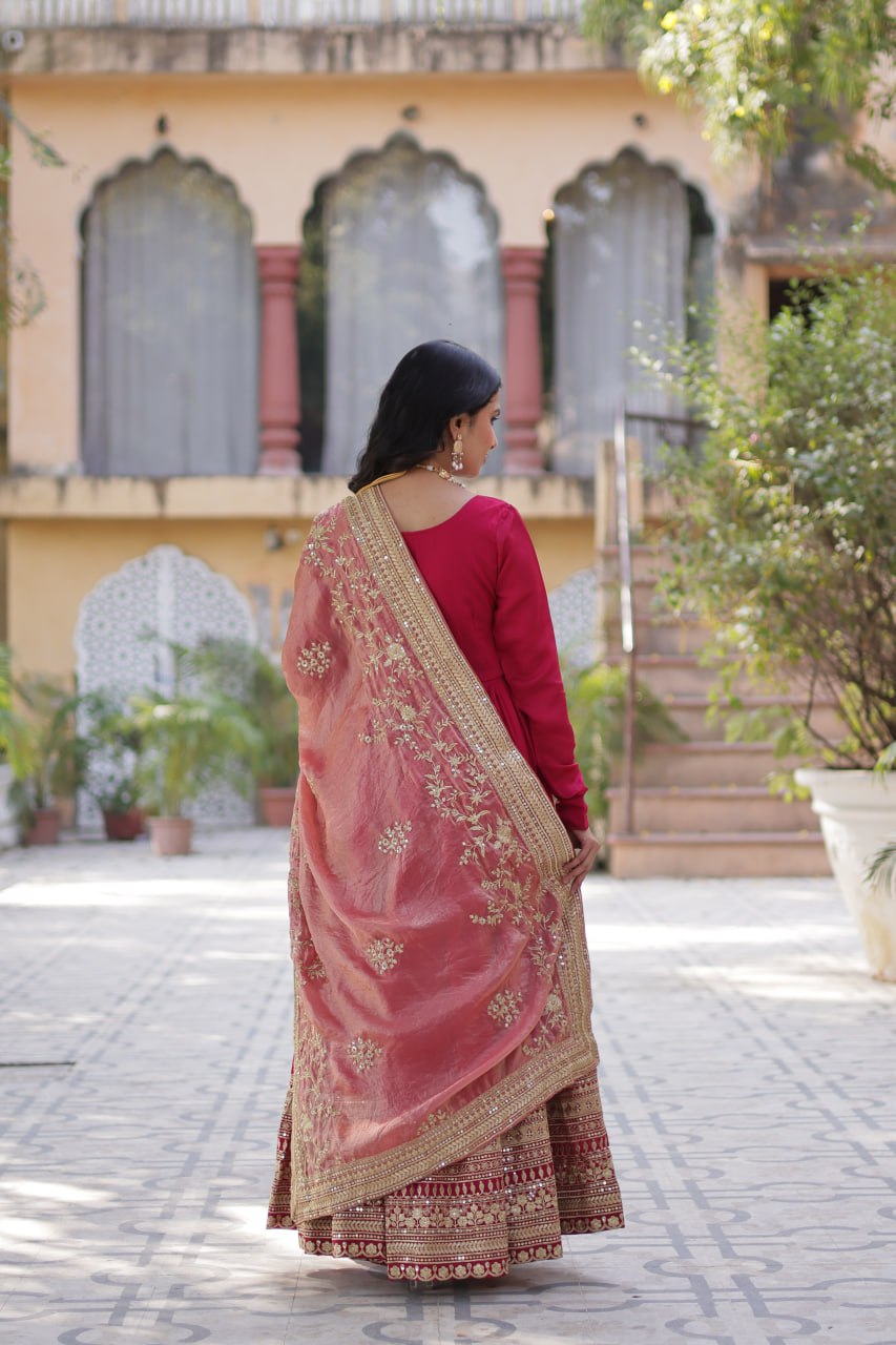 Rani Pink Luxury Shimmer Vichitra Gown with Embroidered Dupatta – Elegance Redefined