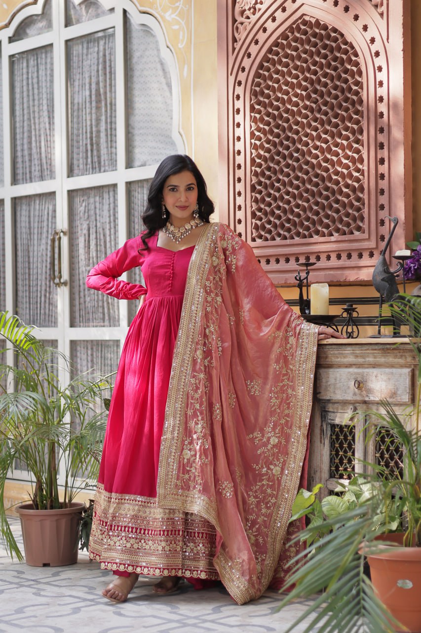 Rani Pink Luxury Shimmer Vichitra Gown with Embroidered Dupatta – Elegance Redefined