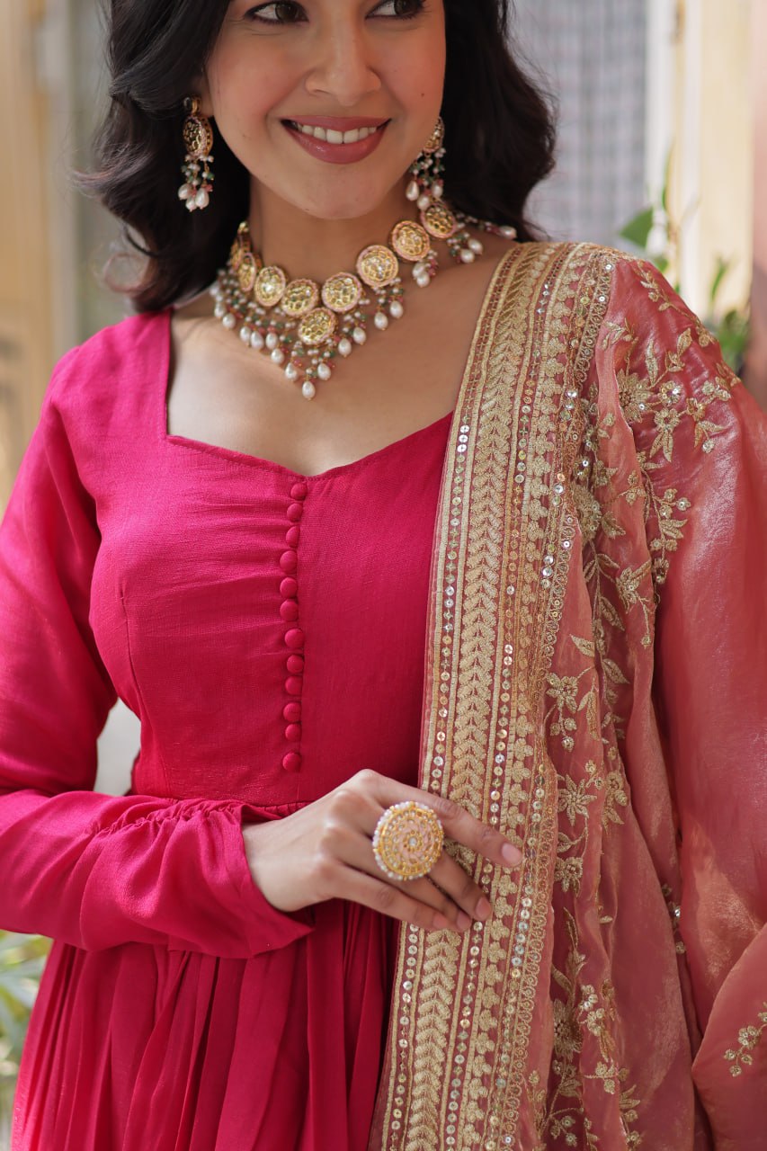 Rani Pink Luxury Shimmer Vichitra Gown with Embroidered Dupatta – Elegance Redefined