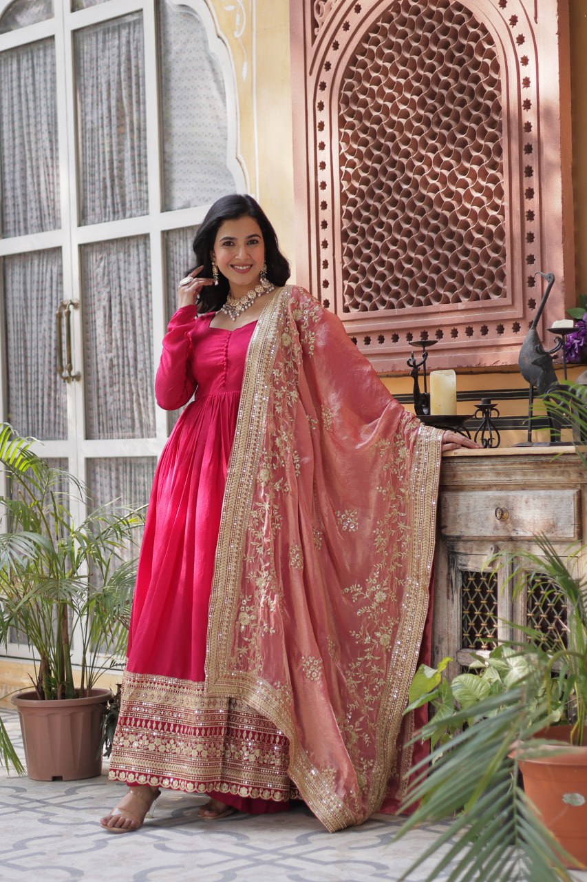 Rani Pink Luxury Shimmer Vichitra Gown with Embroidered Dupatta – Elegance Redefined
