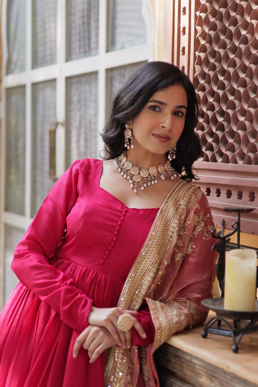Rani Pink Luxury Shimmer Vichitra Gown with Embroidered Dupatta – Elegance Redefined