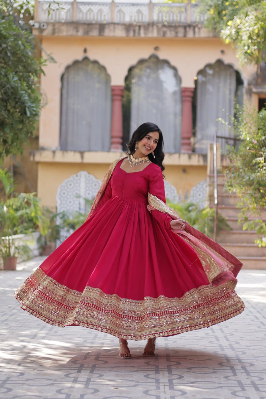 Rani Pink Luxury Shimmer Vichitra Gown with Embroidered Dupatta – Elegance Redefined