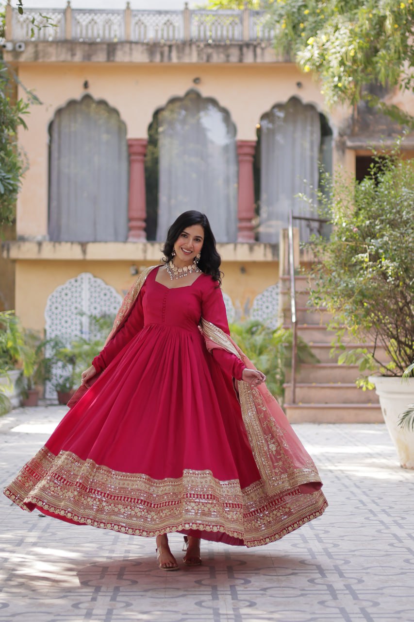Rani Pink Luxury Shimmer Vichitra Gown with Embroidered Dupatta – Elegance Redefined