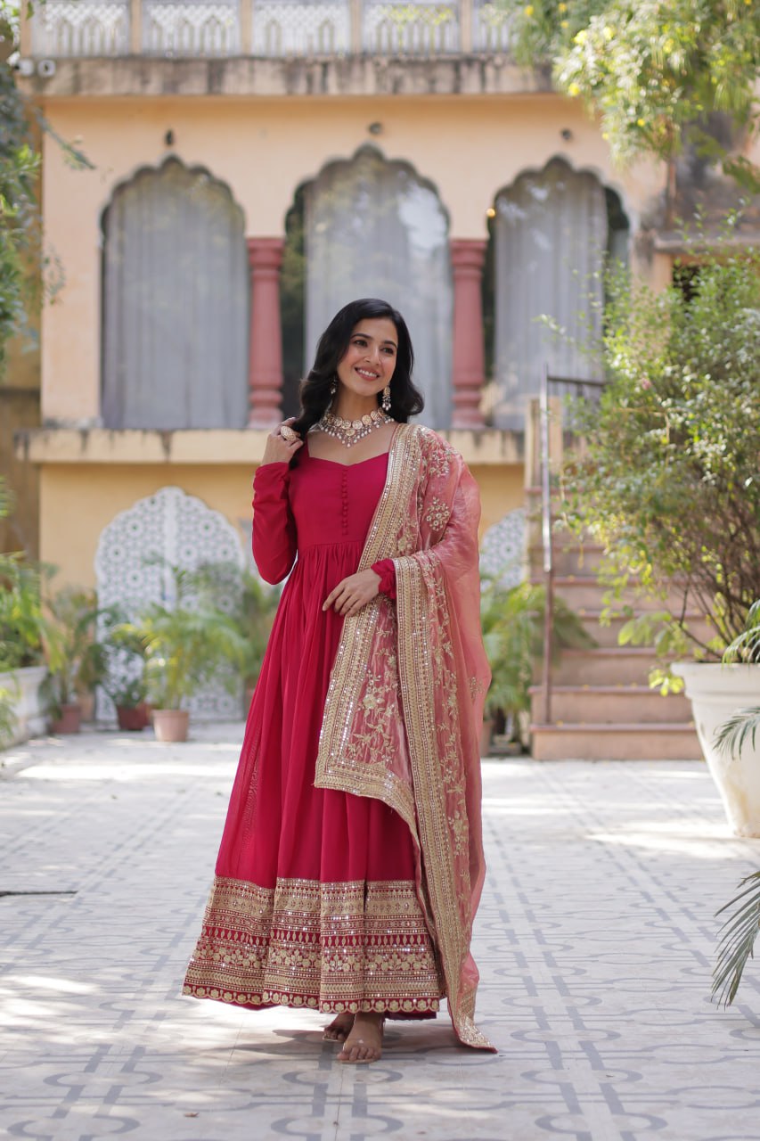 Rani Pink Luxury Shimmer Vichitra Gown with Embroidered Dupatta – Elegance Redefined