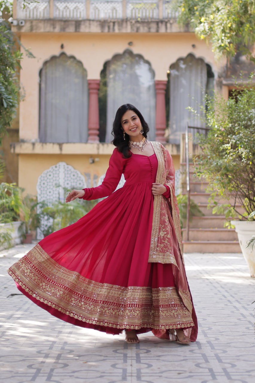 Rani Pink Luxury Shimmer Vichitra Gown with Embroidered Dupatta – Elegance Redefined