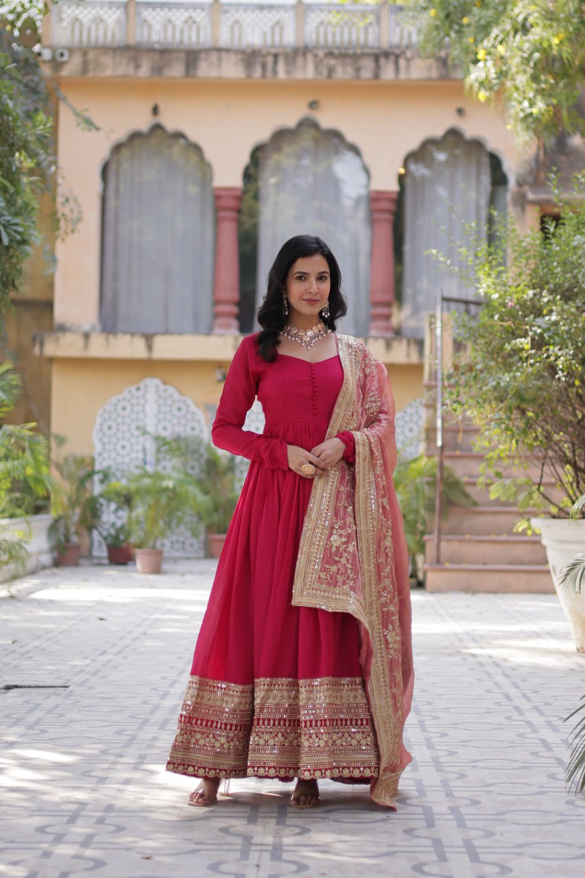Rani Pink Luxury Shimmer Vichitra Gown with Embroidered Dupatta – Elegance Redefined