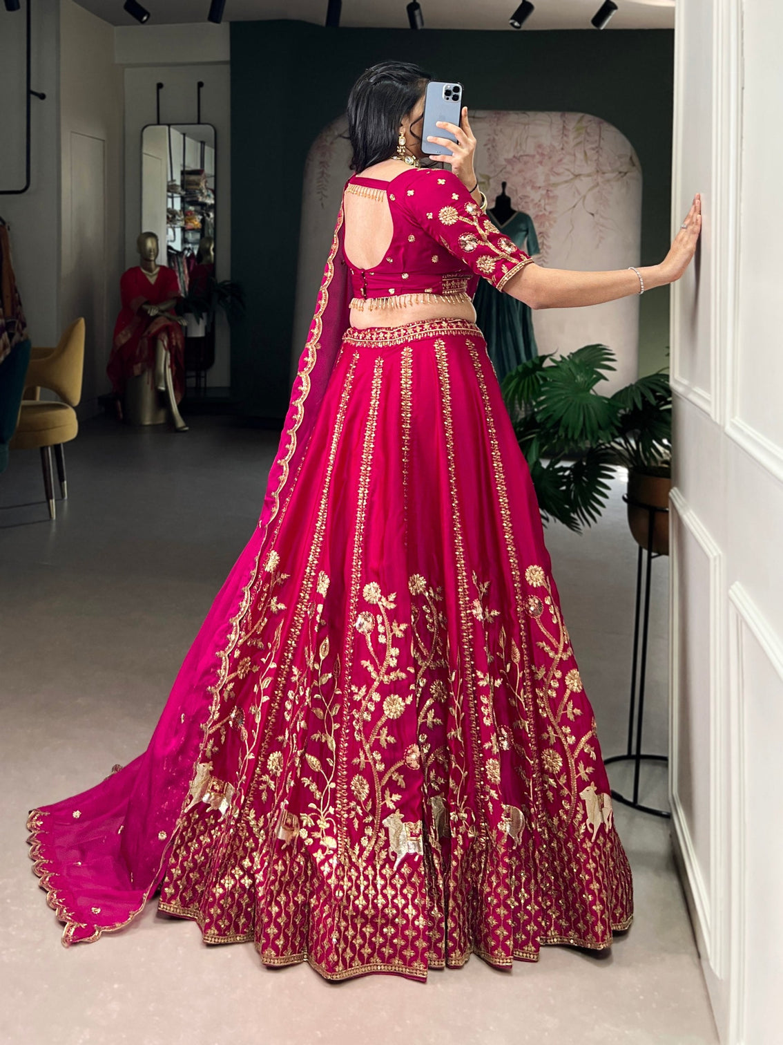 Rani Pink Natural Silk Sequins & Thread Embroidered Lehenga Choli Set with Organza Dupatta – Stitched 4-Meter Flair Lehenga with Double Cancan & Designer Unstitched Blouse