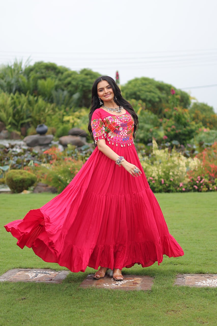 Rani Pink Navratri Special Kutchi Gamthi Work Rayon Gown with 3-Layer Frill & Cotton Lining