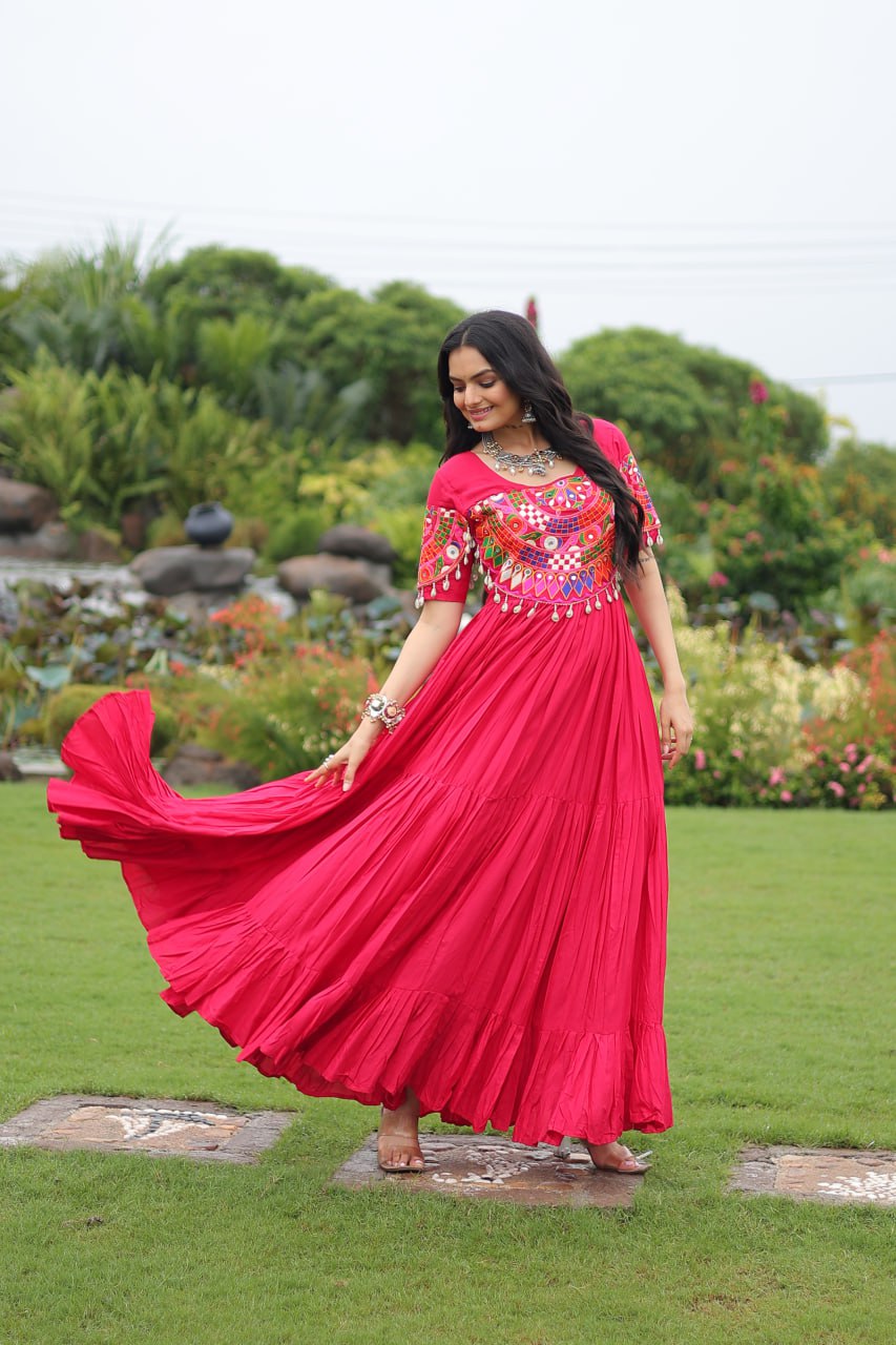 Rani Pink Navratri Special Kutchi Gamthi Work Rayon Gown with 3-Layer Frill & Cotton Lining