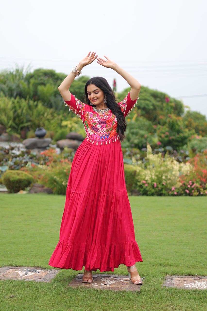 Rani Pink Navratri Special Kutchi Gamthi Work Rayon Gown with 3-Layer Frill & Cotton Lining