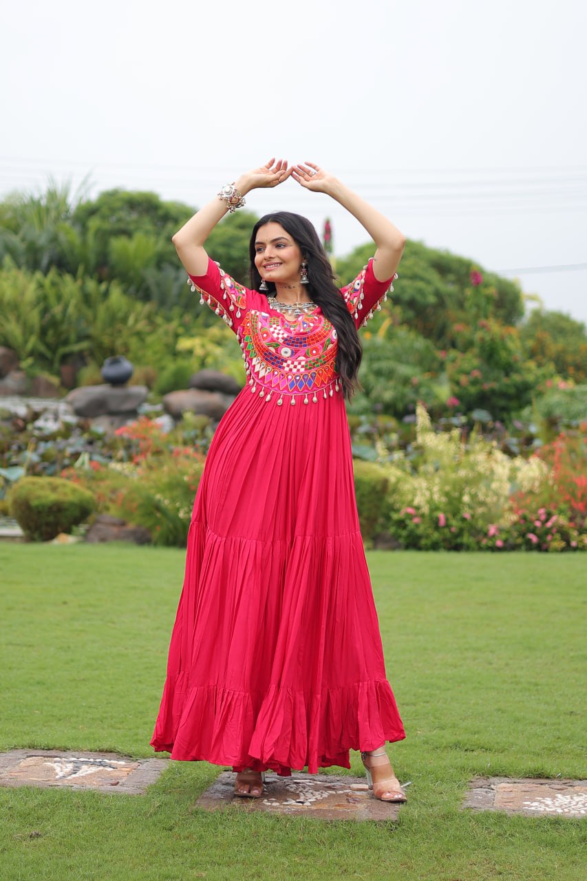 Rani Pink Navratri Special Kutchi Gamthi Work Rayon Gown with 3-Layer Frill & Cotton Lining