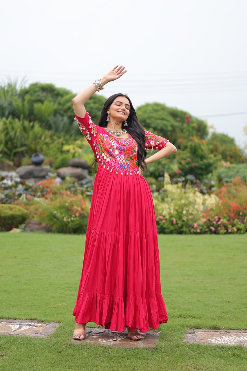 Rani Pink Navratri Special Kutchi Gamthi Work Rayon Gown with 3-Layer Frill & Cotton Lining
