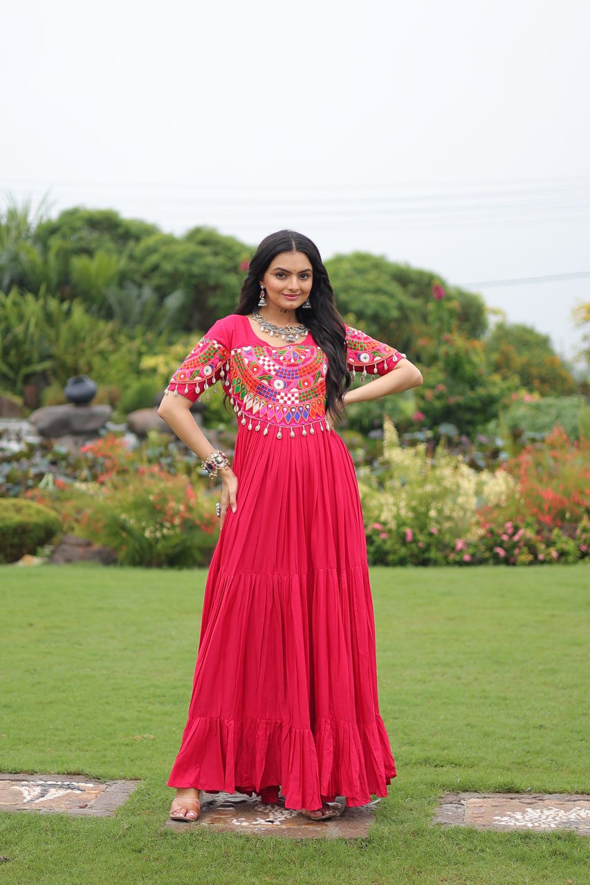 Rani Pink Navratri Special Kutchi Gamthi Work Rayon Gown with 3-Layer Frill & Cotton Lining