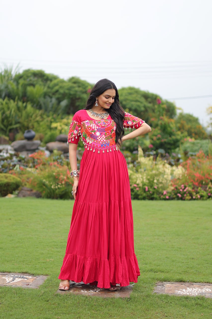 Rani Pink Navratri Special Kutchi Gamthi Work Rayon Gown with 3-Layer Frill & Cotton Lining
