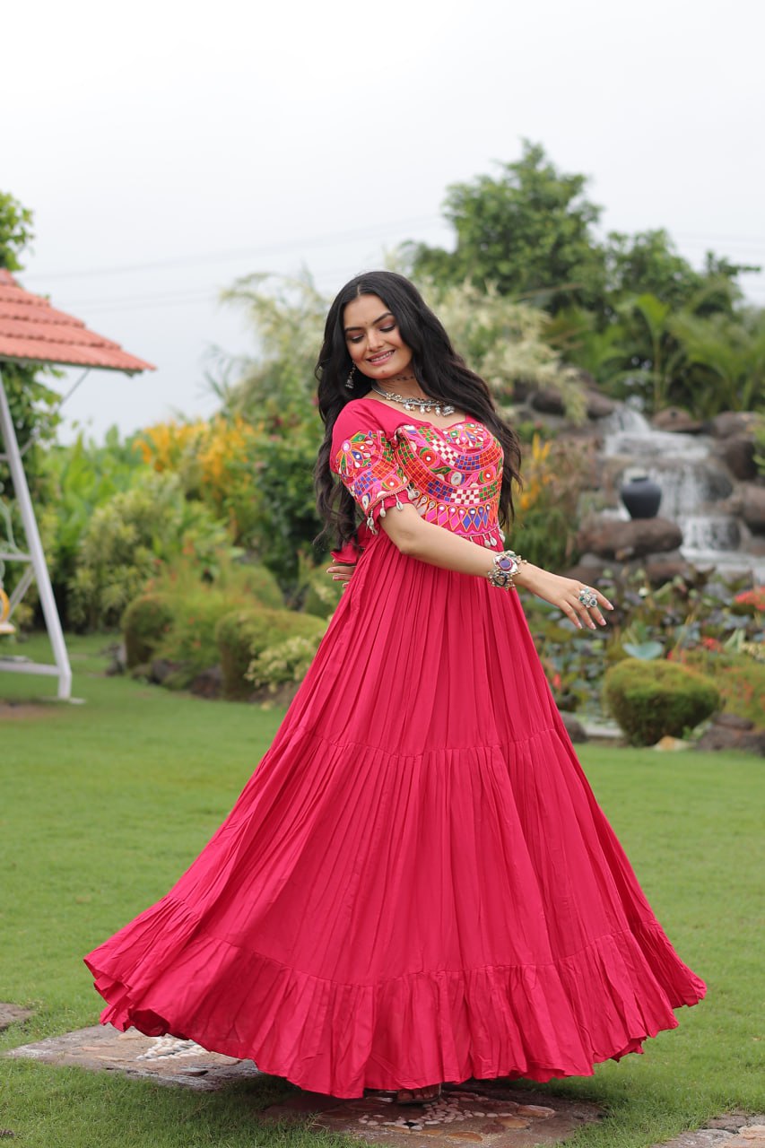 Rani Pink Navratri Special Kutchi Gamthi Work Rayon Gown with 3-Layer Frill & Cotton Lining