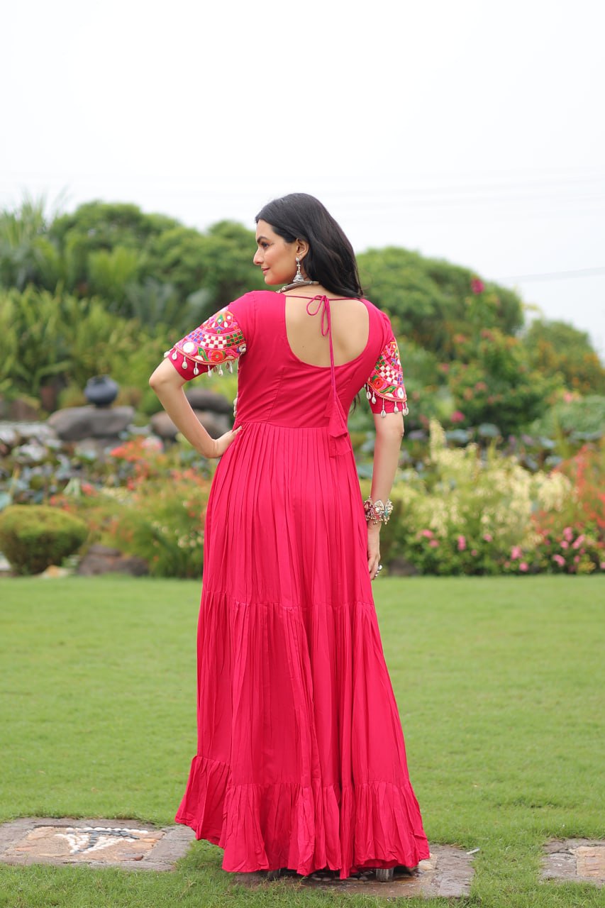 Rani Pink Navratri Special Kutchi Gamthi Work Rayon Gown with 3-Layer Frill & Cotton Lining