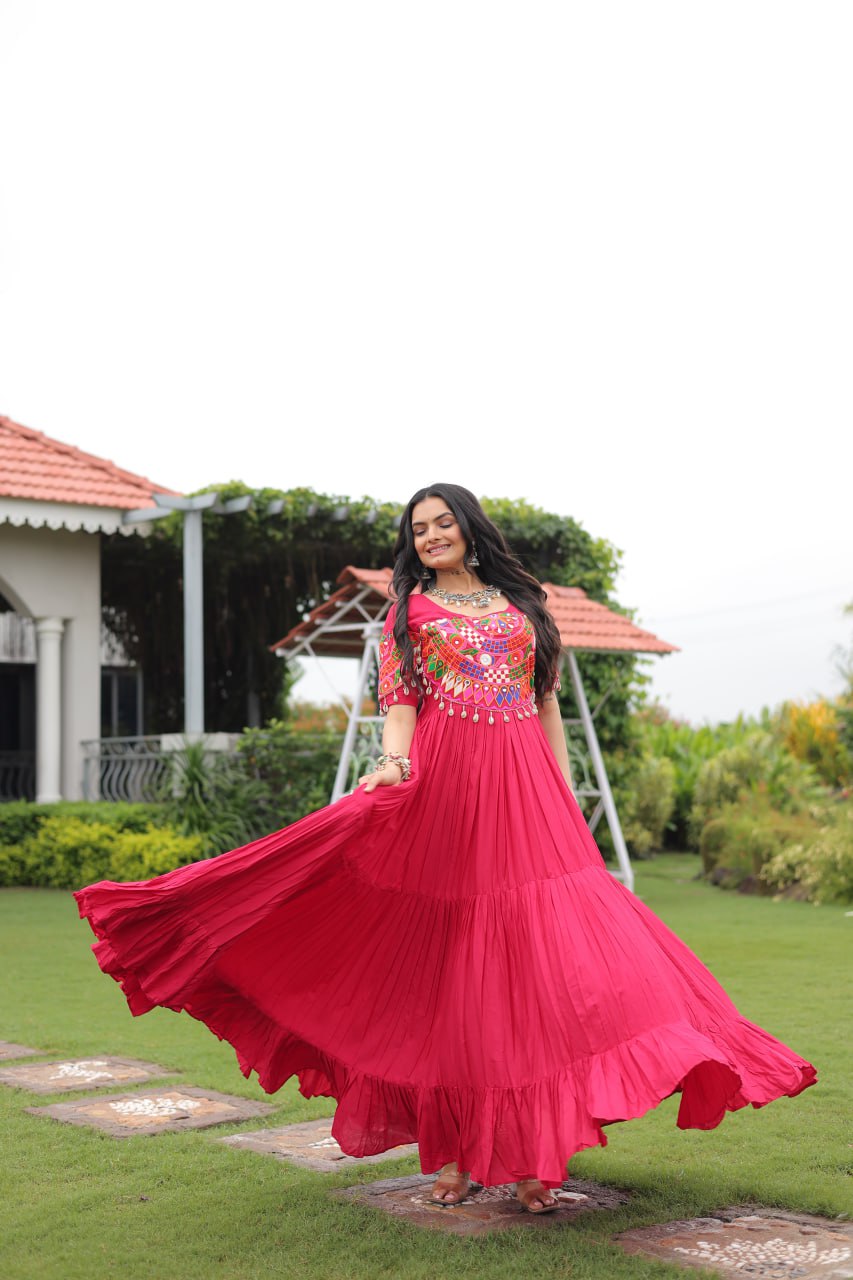 Rani Pink Navratri Special Kutchi Gamthi Work Rayon Gown with 3-Layer Frill & Cotton Lining