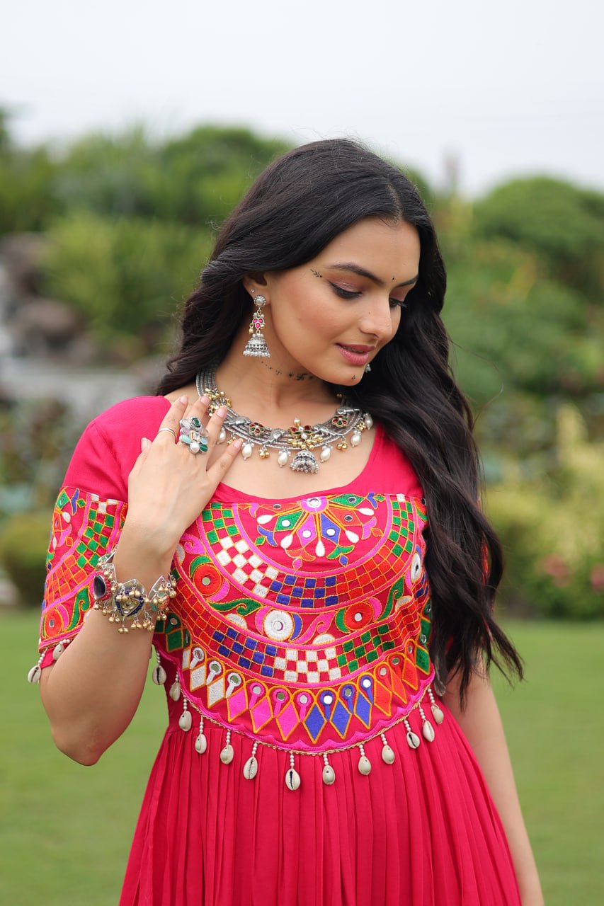 Rani Pink Navratri Special Kutchi Gamthi Work Rayon Gown with 3-Layer Frill & Cotton Lining