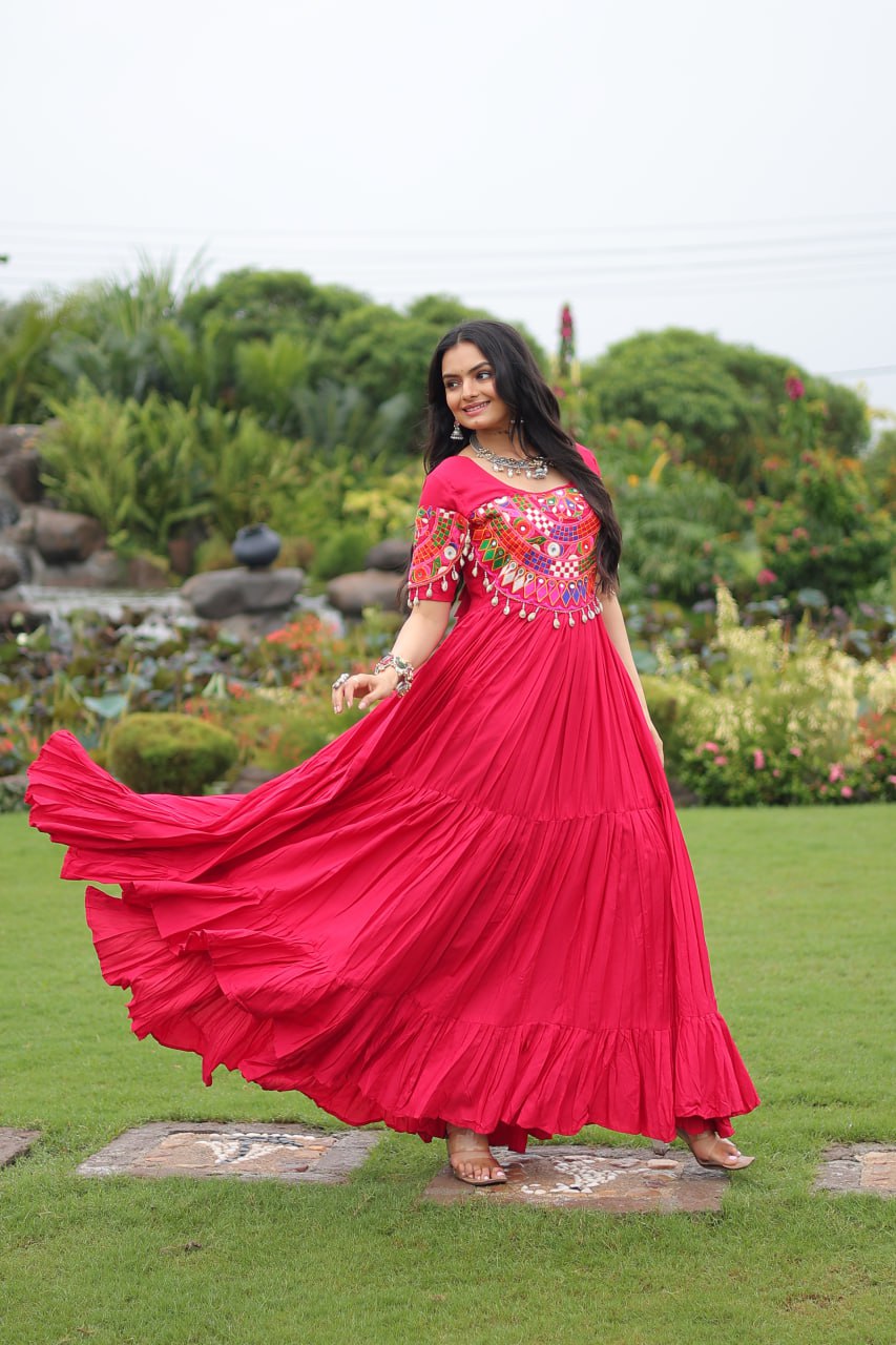 Rani Pink Navratri Special Kutchi Gamthi Work Rayon Gown with 3-Layer Frill & Cotton Lining