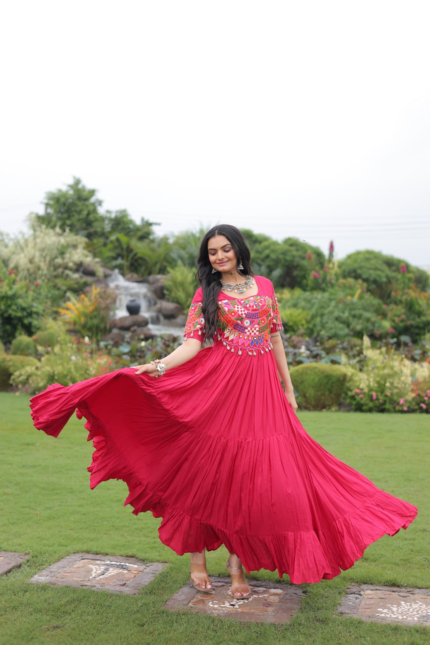 Rani Pink Navratri Special Kutchi Gamthi Work Rayon Gown with 3-Layer Frill & Cotton Lining
